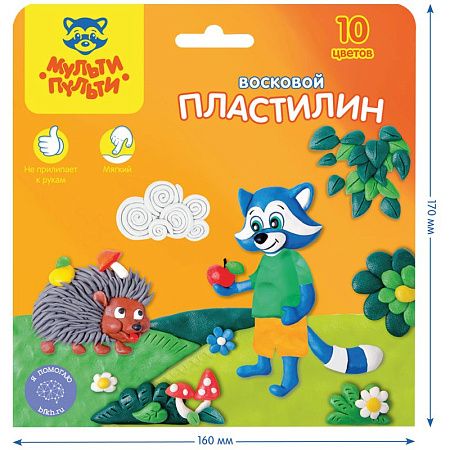 Пластилин Мульти-Пульти "Енот в лесу", 10 цветов, 150г, восковой, со стеком, картон, европодвес