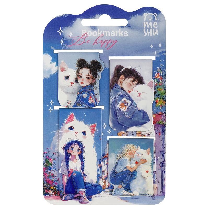 Закладки магнитные для книг, 4шт., MESHU "Be happy", матовая ламинация 