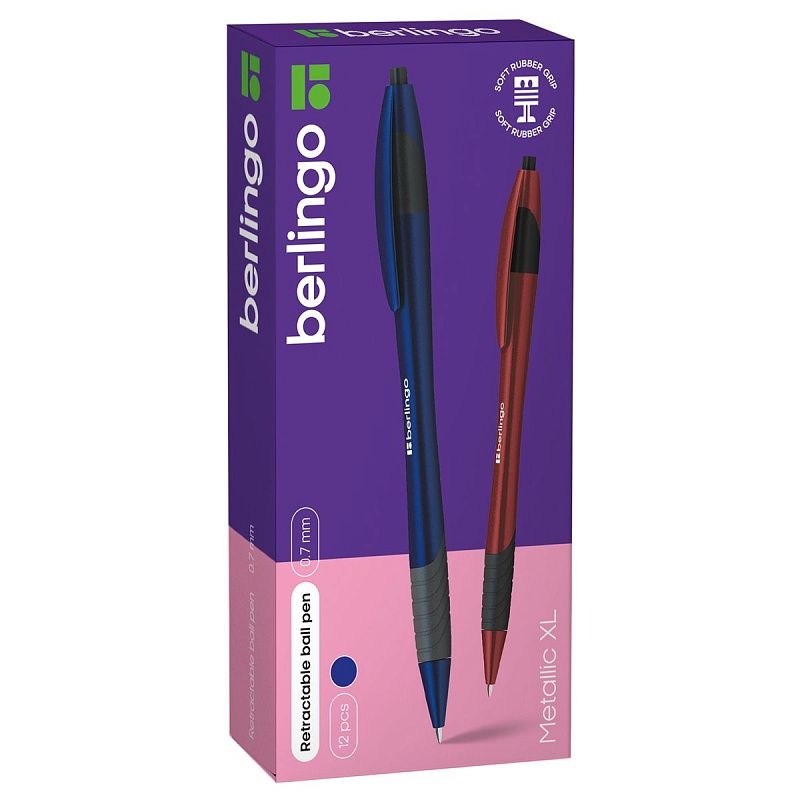 Ручка шариковая автоматическая Berlingo "Metallic XL" синяя, 0,7мм, грип, корпус ассорти 