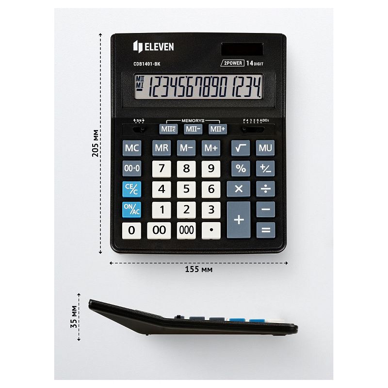 Калькулятор настольный Eleven Business Line CDB1401-BK, 14 разрядов, двойное питание, 155*205*35мм, черный