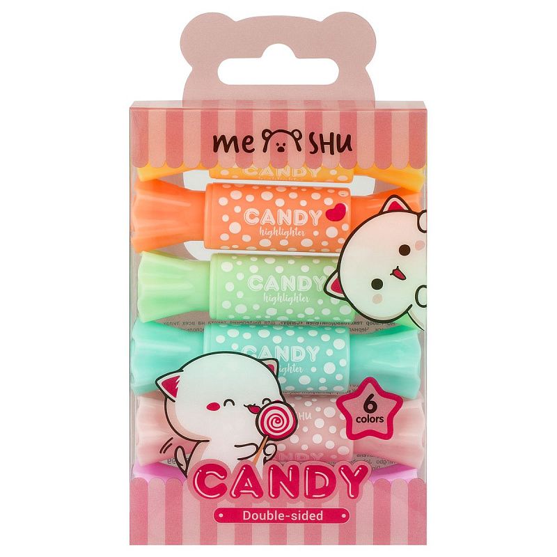 Набор текстовыделителей двусторонних MESHU "Candy", 06цв., пастельные цвета, 2/4мм, ПВХ бокс с европодвесом 