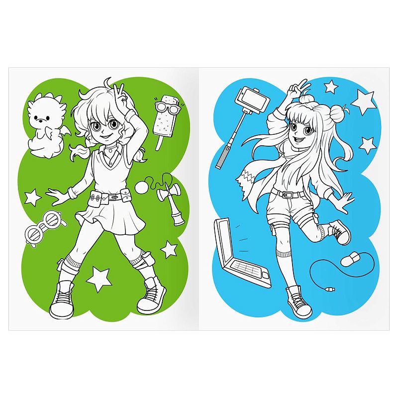 Раскраска с цв. фоном А4, 16 стр., ТРИ СОВЫ "Аниме. Модный показ"