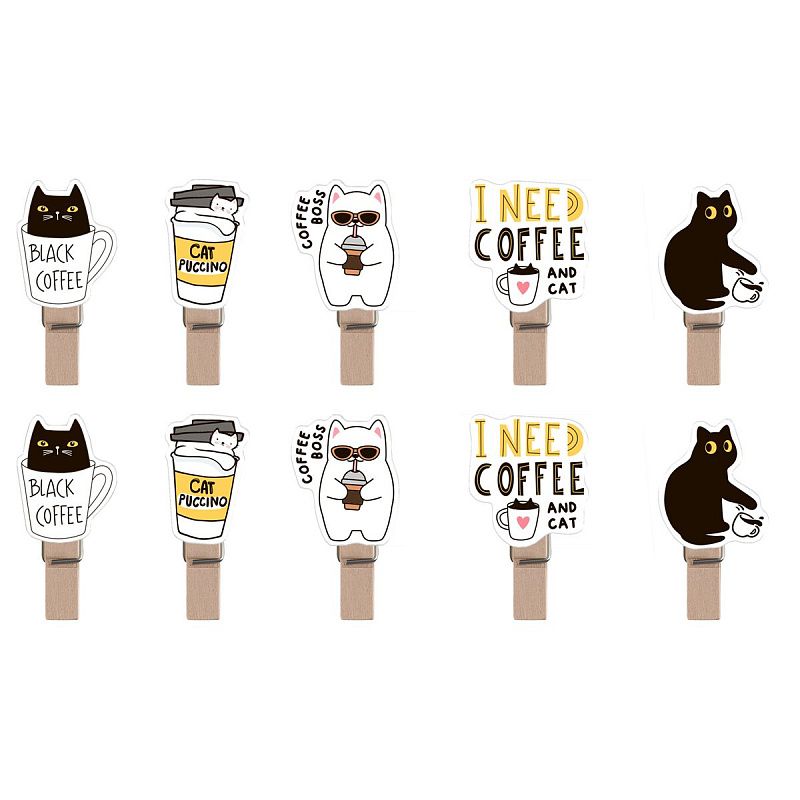 Зажимы для бумаг 7мм, MESHU "Right Cat", 10шт., деревянные, ассорти, опп пакет с европодвесом, веревка в комплекте