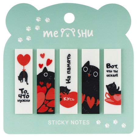 Флажки-закладки MESHU "Cute kitten" пластиковые с дизайном, 45*12мм, 20л*5 цветов, пакет с евро подвесом