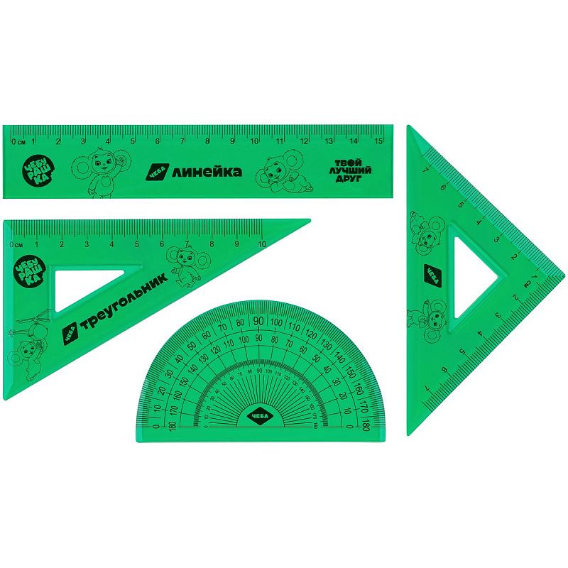 Набор чертежный Мульти-Пульти Чебурашка (линейка 15см, 2 треугольника, транспортир), тонированный, с принтом, ПВХ зип-чехол 