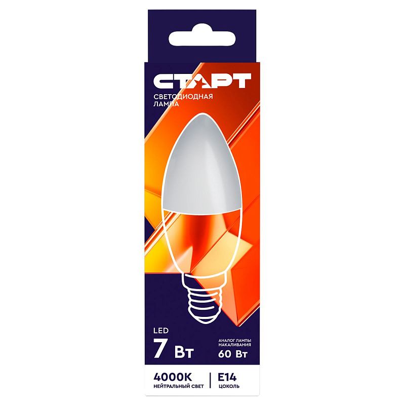 Лампа светодиодная Старт LED, серия "WS" 7W40, тип С "свеча", E14, 4000К, нейтральный свет, 25000ч