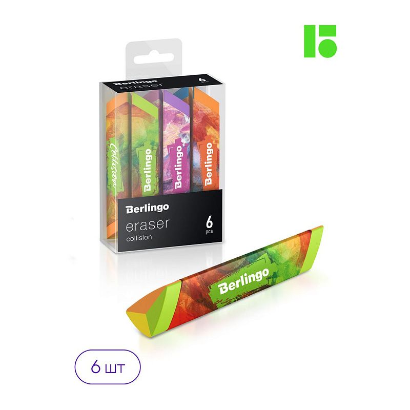 Ластик Berlingo "Collision", 6шт., треугольный, скошенный, 80*15*15мм, PVC бокс 