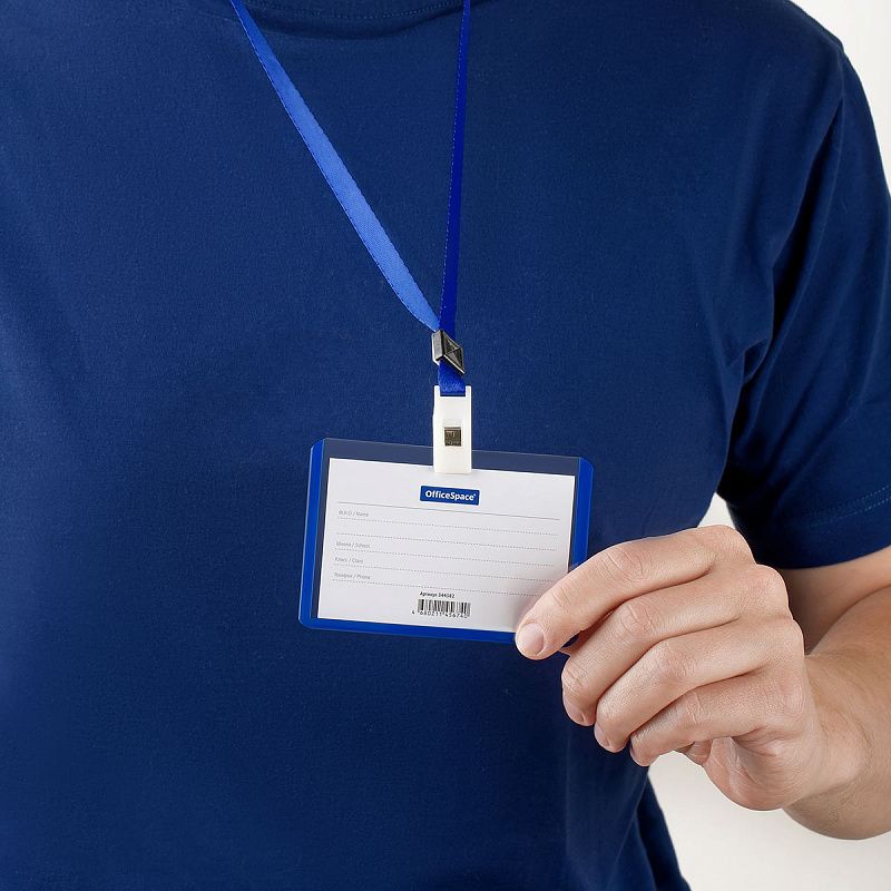 Бейдж горизонтальный OfficeSpace, 55*90мм, школьный синий, с клипсой на синей ленте