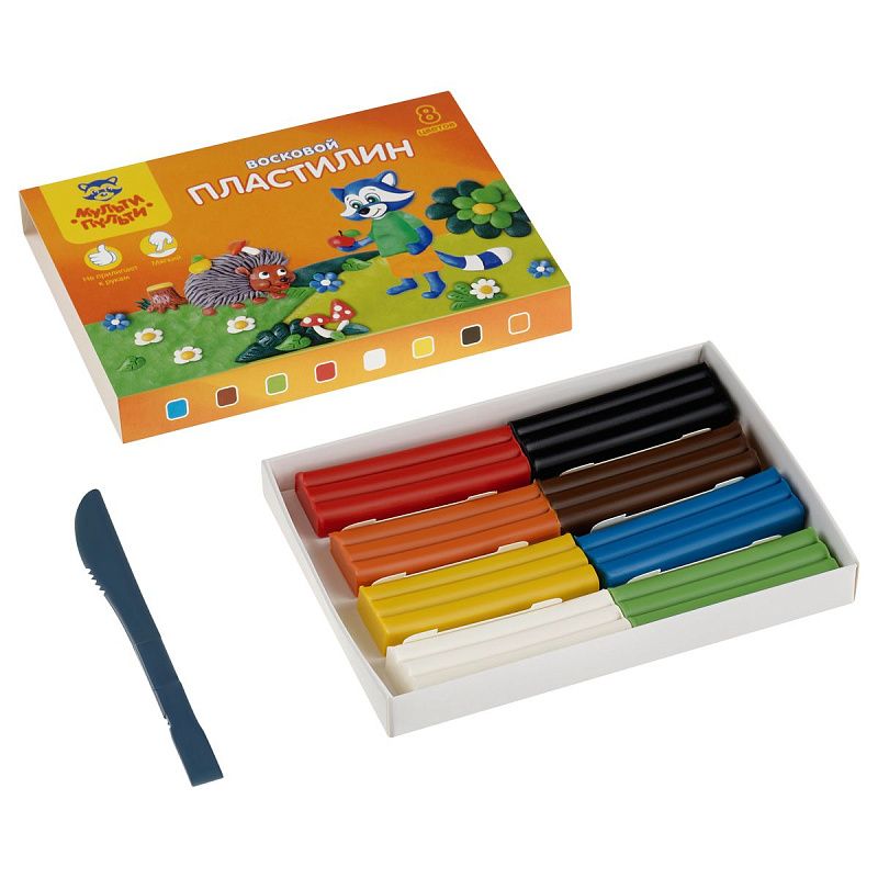 Пластилин Мульти-Пульти "Енот в лесу", 08 цветов, 120г, восковой, со стеком, картон, европодвес