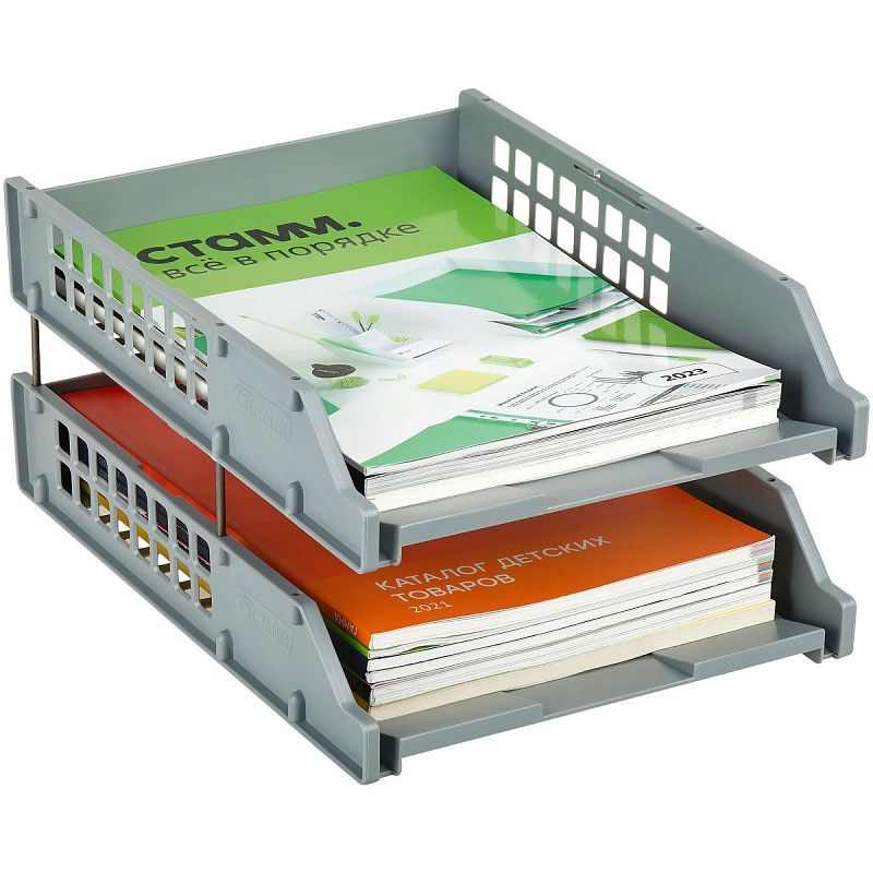 Лоток для бумаг горизонтальный СТАММ "Strong", набор 2шт., на метал. стержнях, серый