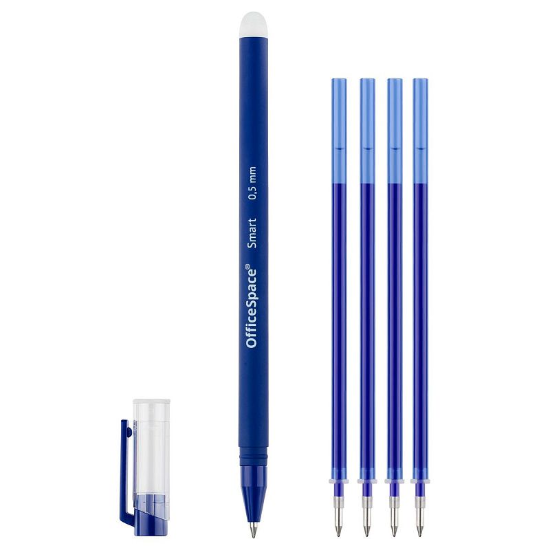 Ручка гелевая стираемая OfficeSpace "Smart" синяя, +5 сменных стерженей, 0,5мм, soft-touch, блистер 