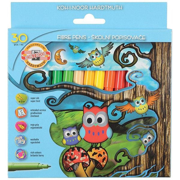 Фломастеры Koh-I-Noor "Owls", 30цв., трехгранные, смываемые, картон, европодвес