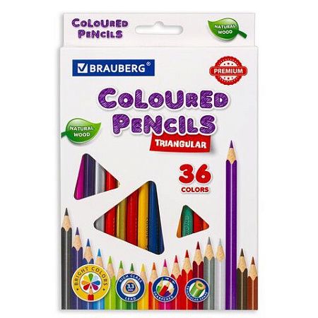 Карандаши цветные BRAUBERG PREMIUM, 36 цветов, трехгранные, грифель мягкий 3,3 мм, 181654