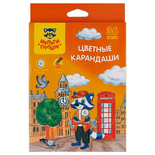 Карандаши цветные Мульти-Пульти "Енот в Англии", 36 цв., шестигран., заточен., картон, европодвес, термоусадка