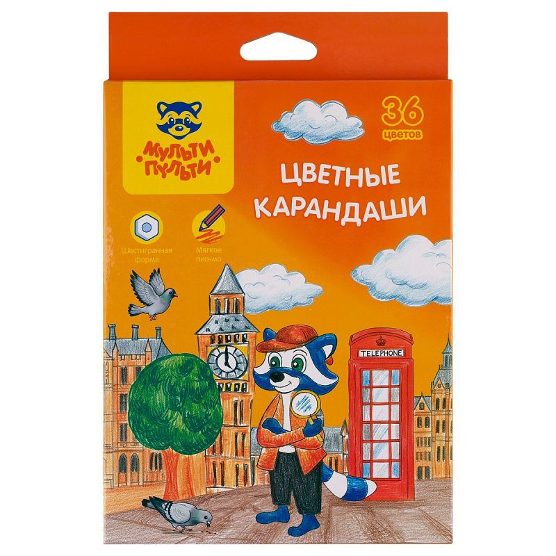 Карандаши цветные Мульти-Пульти "Енот в Англии", 36 цв., шестигран., заточен., картон, европодвес, термоусадка