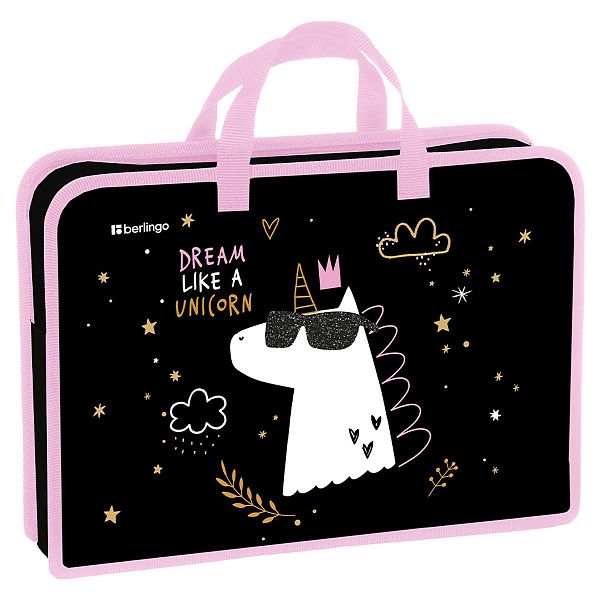 Папка с ручками 1 отделение, А4 Berlingo "Dream Like A Unicorn", 340*245*75мм, пластик, на молнии