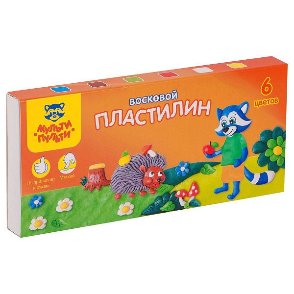 Пластилин Мульти-Пульти "Енот в лесу", 06 цветов, 90г, восковой, со стеком, картон, европодвес