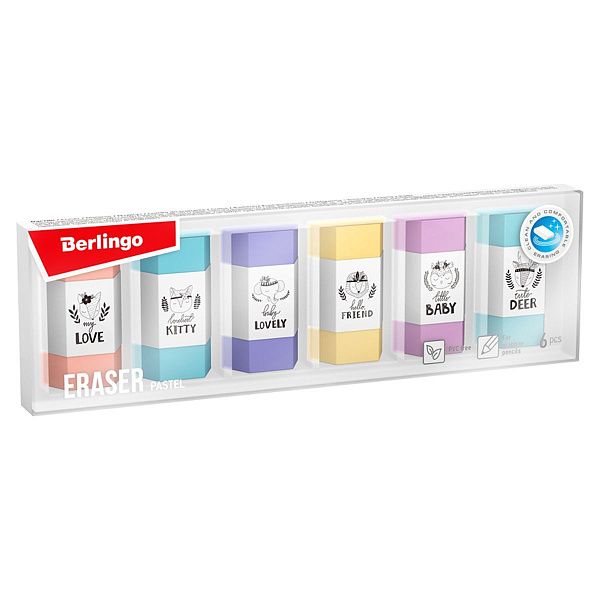 Ластик Berlingo "Pastel", 6шт., термопластичная резина, 50*28*12мм, пластиковая коробка