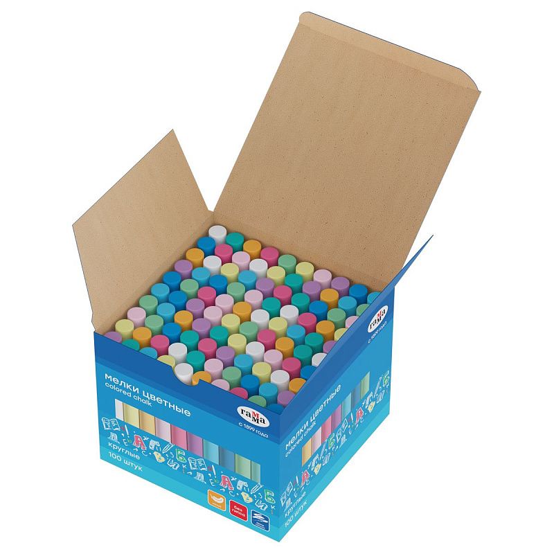 Мелки школьные Гамма, цветные, 100шт., мягкие, круглые, картонная коробка 
