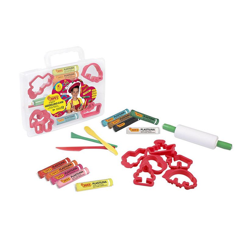 Пластилин JOVI, 08 цветов, 200г, растительный, формочки, стеки, скалка, в чемодане