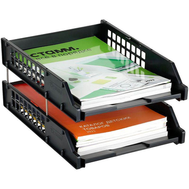 Лоток для бумаг горизонтальный СТАММ "Strong", набор 2шт., на метал. стержнях, черный