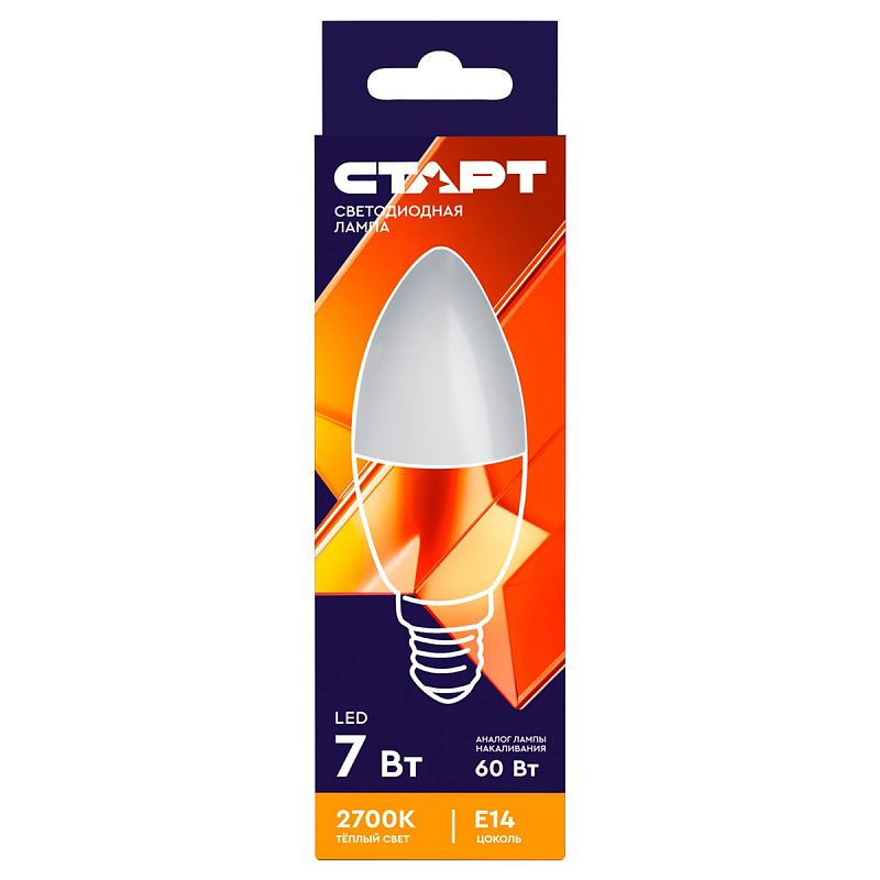 Лампа светодиодная Старт LED, серия "WS" 7W30, тип С "свеча", E14, 2700К, теплый свет, 25000ч