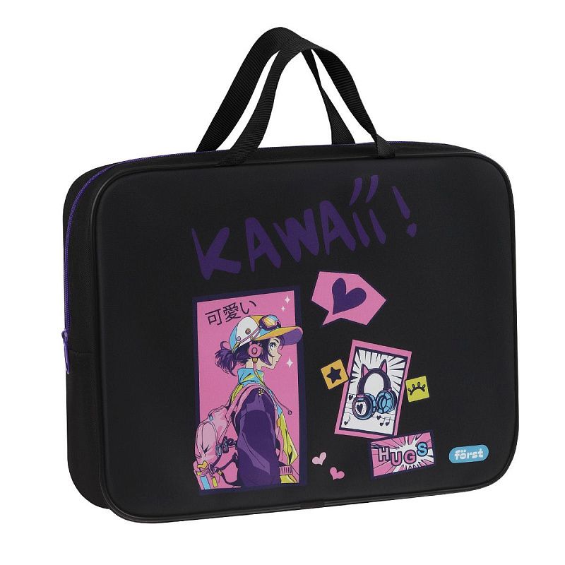 Папка текстильная с ручками 1 отделение, А4 Först "Kawaii", 350*265*80мм, текстиль, на молнии