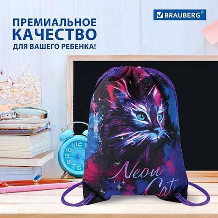 Мешок для обуви BRAUBERG PREMIUM, карман, подкладка, светоотражайка, 43х33 см, "Neon cat", 271621 