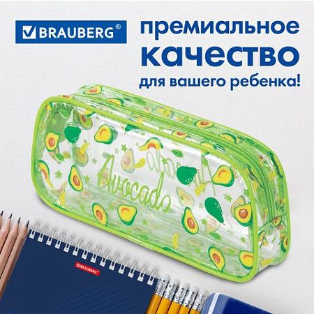 Пенал-косметичка BRAUBERG LUCENT на молнии, прозрачный, "Avocado", 21х5х9 см, 270054 