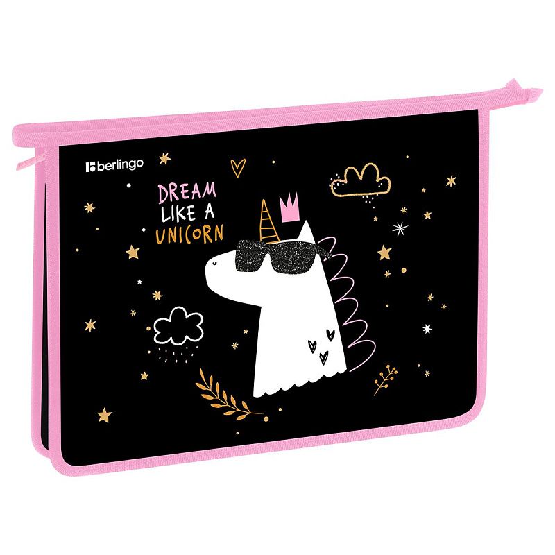 Папка для тетрадей 1 отделение, А4 Berlingo "Dream Like A Unicorn", 340*245*40 мм, пластик, на молнии