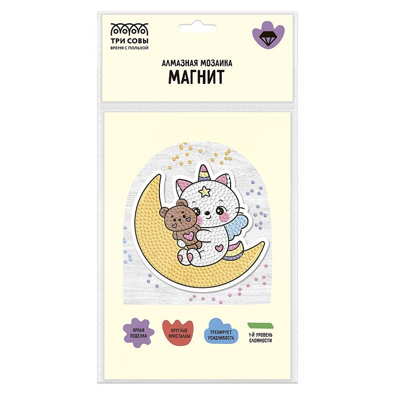 Алмазная мозаика, магнит ТРИ СОВЫ "Котофея", пакет с европодвесом