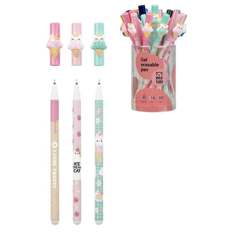 Ручка гелевая стираемая MESHU "Ice cream" синяя, 0,5мм, корпус ассорти, с топпером