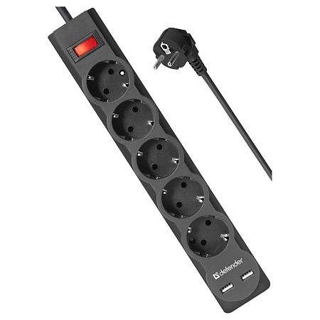Сетевой фильтр Defender DFS 755 5 розеток 5,0м, 2xUSB, 2.1A, черный