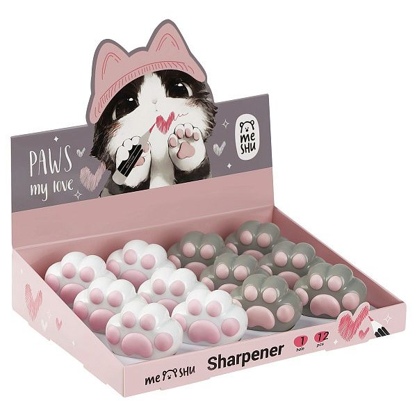 Точилка пластиковая MESHU "Little Paw", 1 отверстие, дисплей бокс, ассорти
