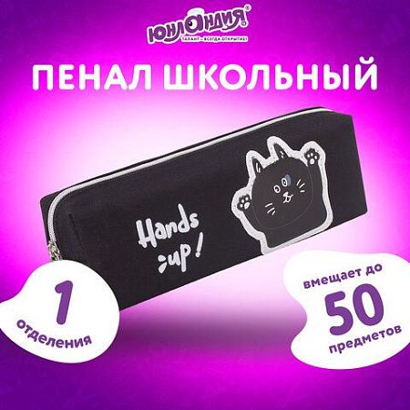 Пенал ЮНЛАНДИЯ, 1 отделение, полиэстер, "Cat", черный, 19х4х6 см, 270279 