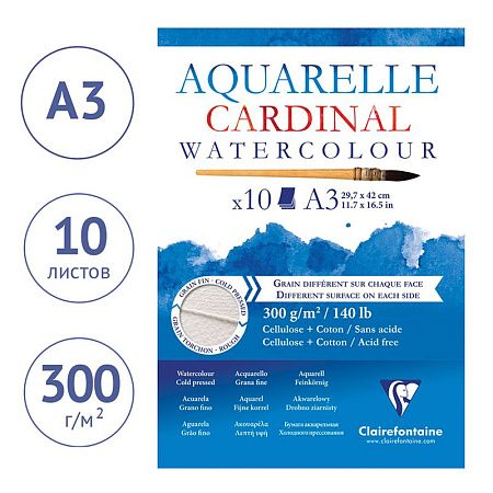 Альбом для акварели, 10л., А3, на склейке Clairefontaine "Cardinal", 300г/м2, торшон, холод. пресс., 30% хлопок