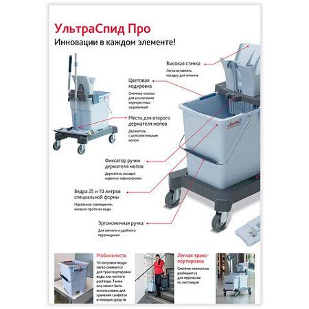 Тележка уборочная VILEDA "УльтраСпидПро", 2 съемных ведра 25 л + 10 л, платформа, с ручкой, туннельный отжим, 147209
