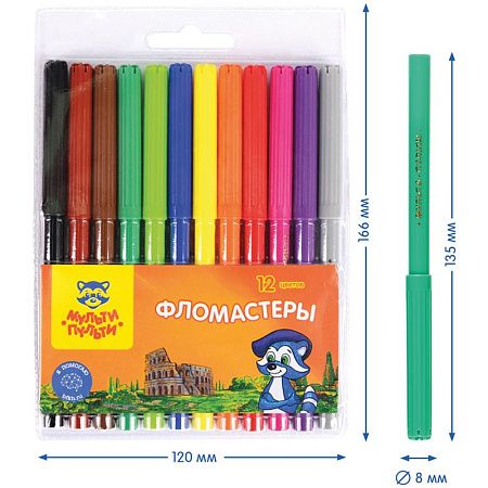 Фломастеры Мульти-Пульти "Енот в Италии", 12цв., смываемые, блистер