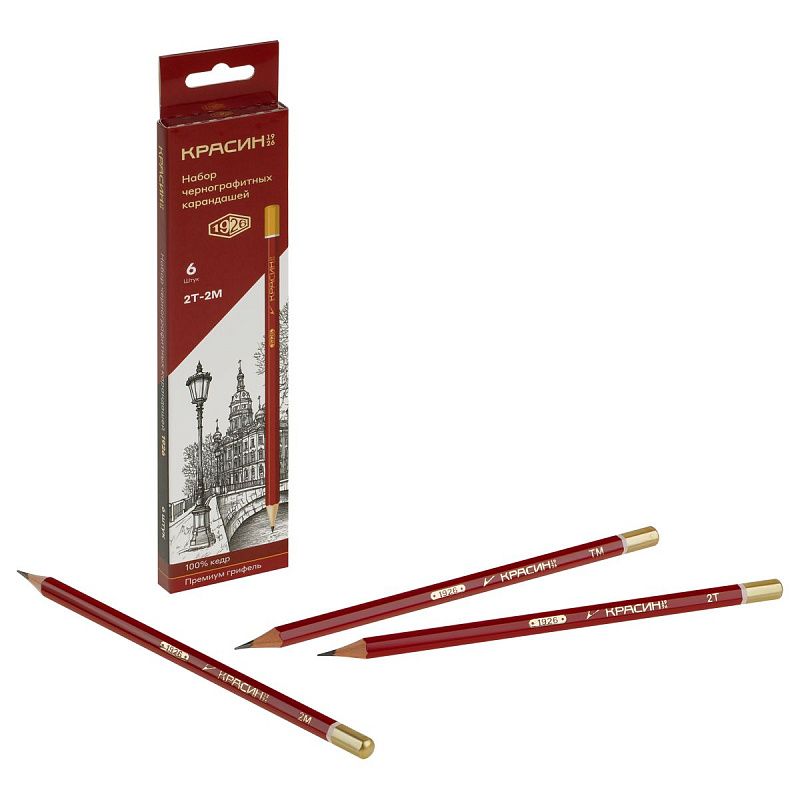 Набор карандашей ч/г Красин "1926" 6шт., 2Т(H)-2М(B), кедр, заточен., карт.пенал, европодвес 