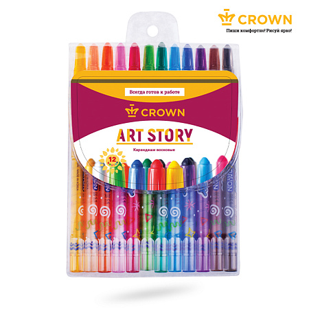 Карандаши восковые Crown "ArtStory", 12цв., выкручивающийся стержень, ПВХ, европодвес