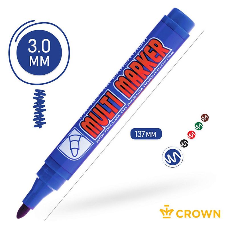 Маркер перманентный Crown "Multi Marker" синий, пулевидный, 3мм 