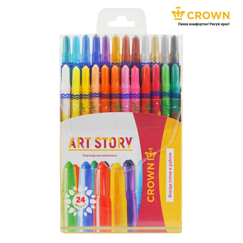 Карандаши восковые Crown "ArtStory", 24цв., выкручивающийся стержень, ПВХ, европодвес