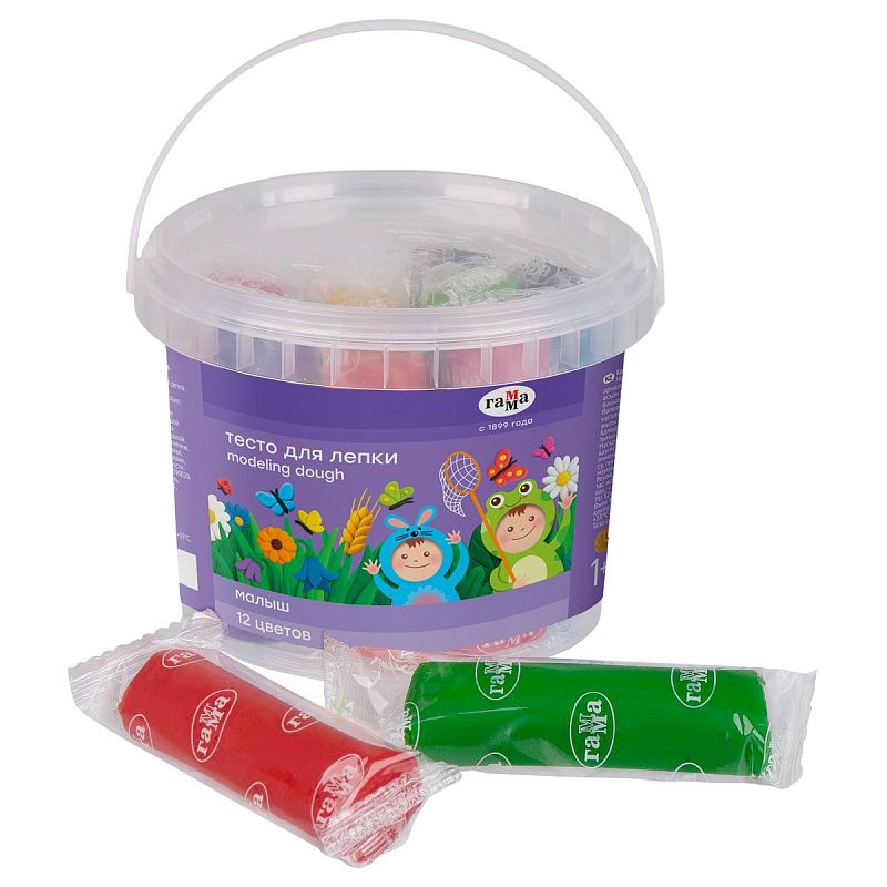 Тесто для лепки Гамма "Малыш", 12 цветов*30г, пластиковое ведро