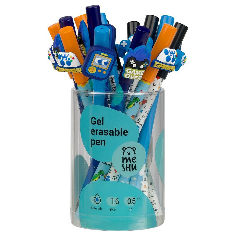 Ручка гелевая стираемая MESHU "Games" синяя, 0,5мм, корпус ассорти, с топпером 