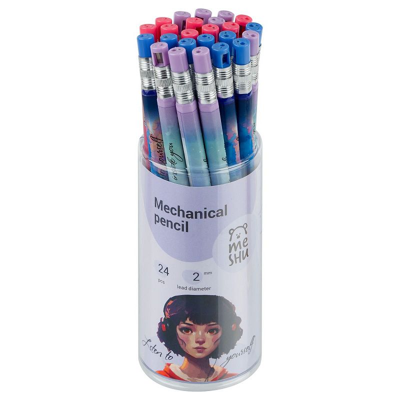 Карандаш механический MESHU "Kawaii", печать на корпусе, 2,0мм, софт-тач, ассорти, с точилкой для грифеля 