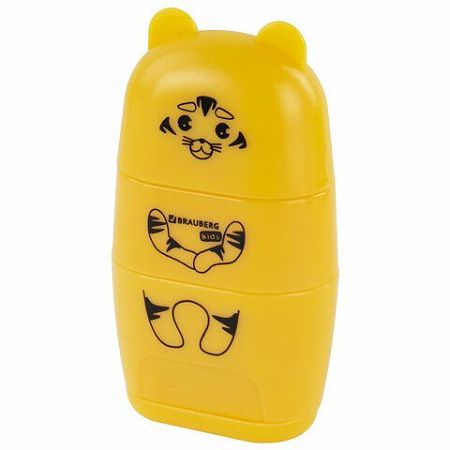 Точилка с ластиком 2 в 1 BRAUBERG KIDS "Зверушки", 2 отверстия, дизайн ассорти, 271989 