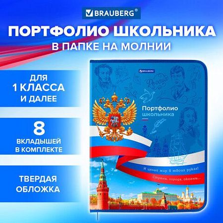 Папка-портфолио школьника, А4, на молнии, 8 вкладышей, обложка твердая, СИМВОЛИКА, BRAUBERG, 115243 