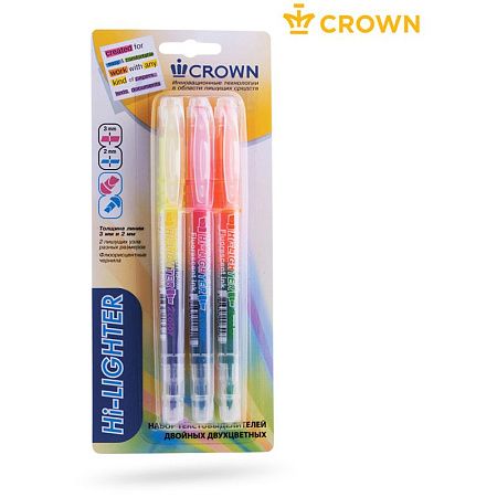 Набор текстовыделителей двухсторонних Crown "Multi Hi-Lighter Twin" 3шт., 06цв., 3/2мм, блистер 