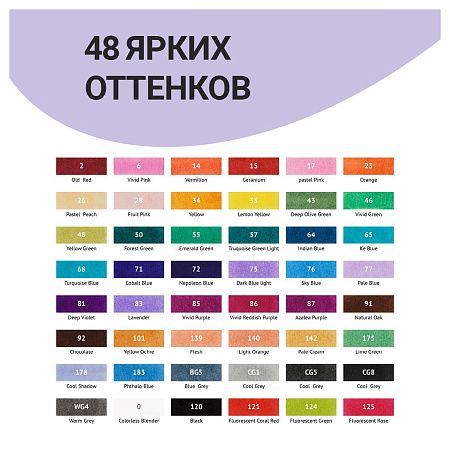 Набор двусторонних маркеров для скетчинга MESHU 48цв., основные цвета, корпус трехгранный, пулевид./клиновид.наконечники, текстильный чехол на молнии