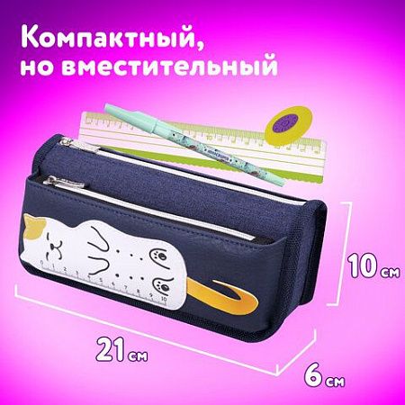 Пенал мягкий ЮНЛАНДИЯ, 2 отделения, полиэстер, "Cats rule", синий, 21х9х6 см, 271576 